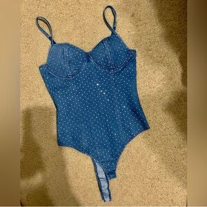 Elegant Blue Gem Studded Denim Women's Bodysuit